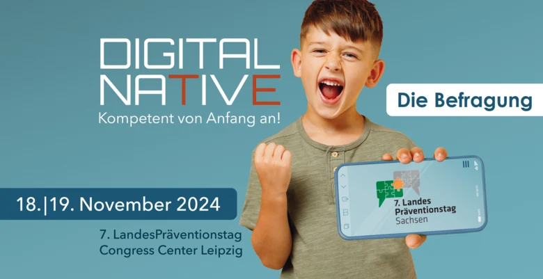 Auf dem Bild ist das Logo des LPT7 "Digital Native" vor einem hellblauen Hintergrund mit dem Untertitel "Die Befragung" zu erkennen.