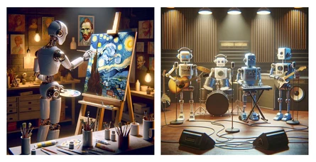 Collage mit zwei Bildern, wo Roboter Kunst erschaffen. Im ersten Bild steht ein Roboter an einer Staffel und malt Van Goghs "Sternennacht". Im zweiten Bild sieht man vier Roboter mit Gitarre, Schlagzeug, Keyboard und Bass.
