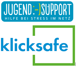 weißer Untergrund mit Fotocollag oben steht jugend support und unten klicksafe 