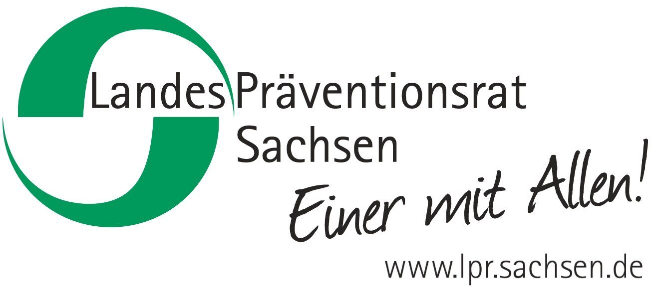 weißer Untergrung mit Schrift Landespräventionsrat Sachsen Einer mit allen