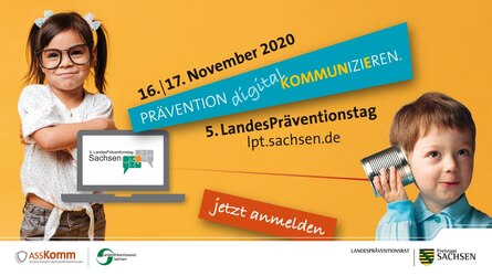 Startbild für den LPT5digital orangener Hintergrund mit zwei Kindern und die Worte Prävention digital kommunizieren