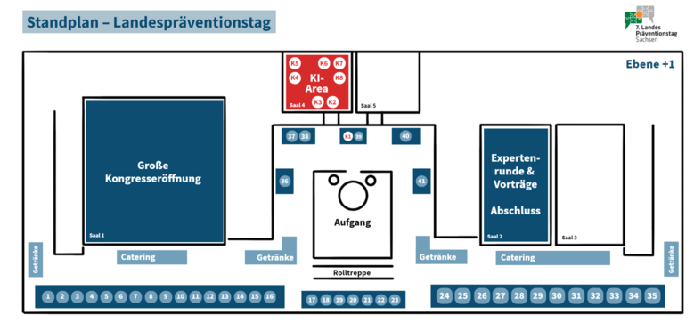Übersicht vom virtuellen Standplan. im unteren Bereich sind die Stände mit Nummern dargestellt. Darüber die Räume und Bereiche des Caterings aufgezeichnet.