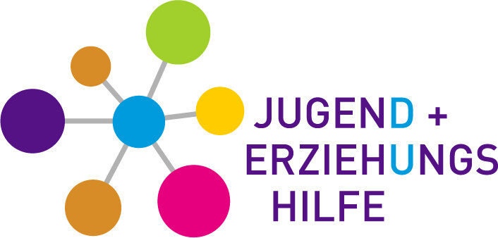 weißer Grund mit bunten Netzwerkbällen und rechts daneben steht Jugend- und Erziehungshilfe