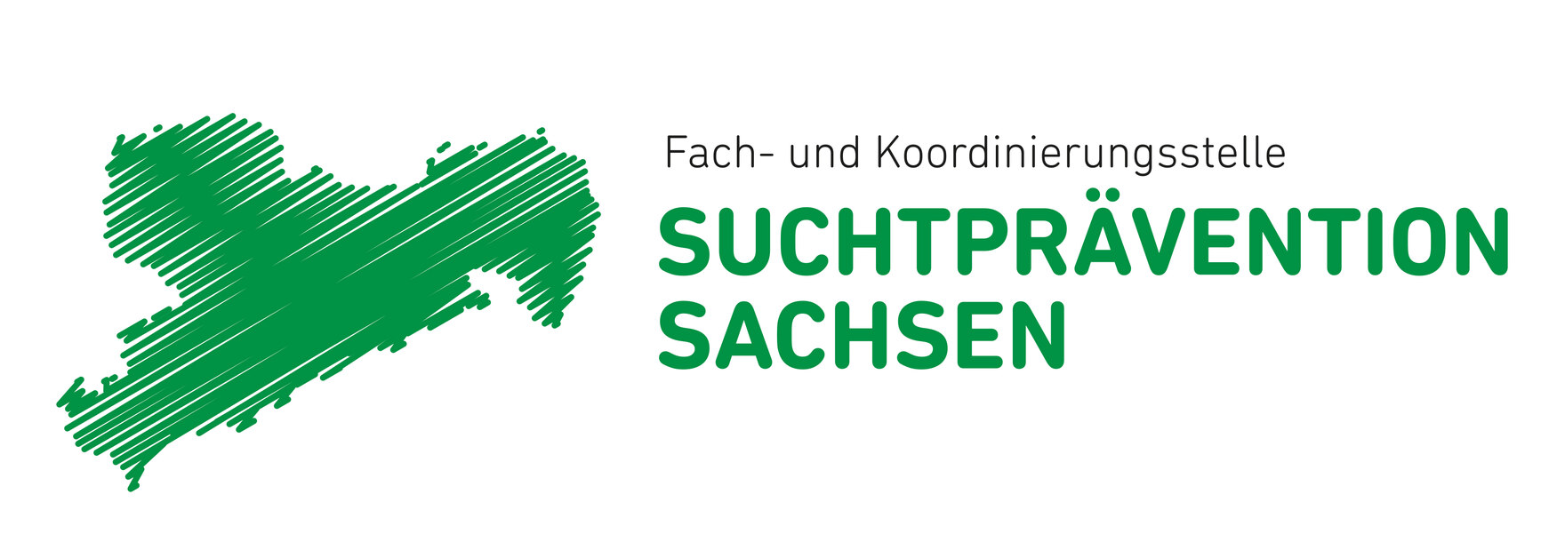 weißer Untergrund mit grüner Schrift Fach- und Koordinierungsstelle Suchtprävention Sachsen